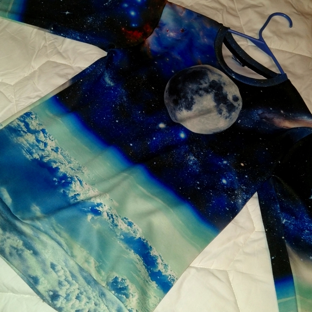 I am selling a long sleeve Mr. & Miss galaxy moon shirt. Small- Unisex